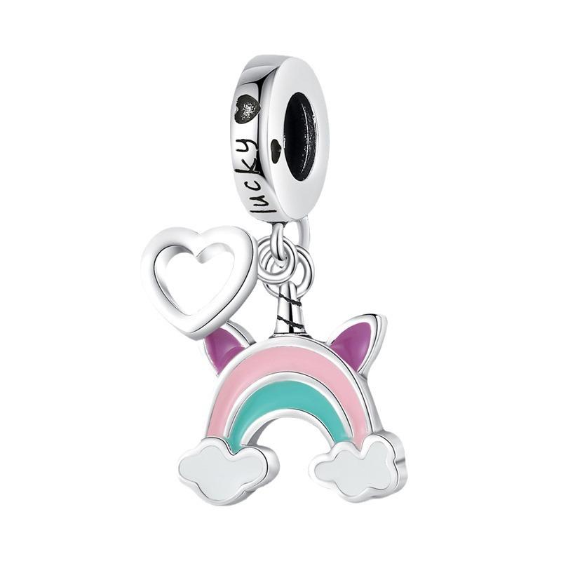 S925 Silver  Rainbow Seven Heart Shaped Pony Unicorn Pendant Necklace Jewelry