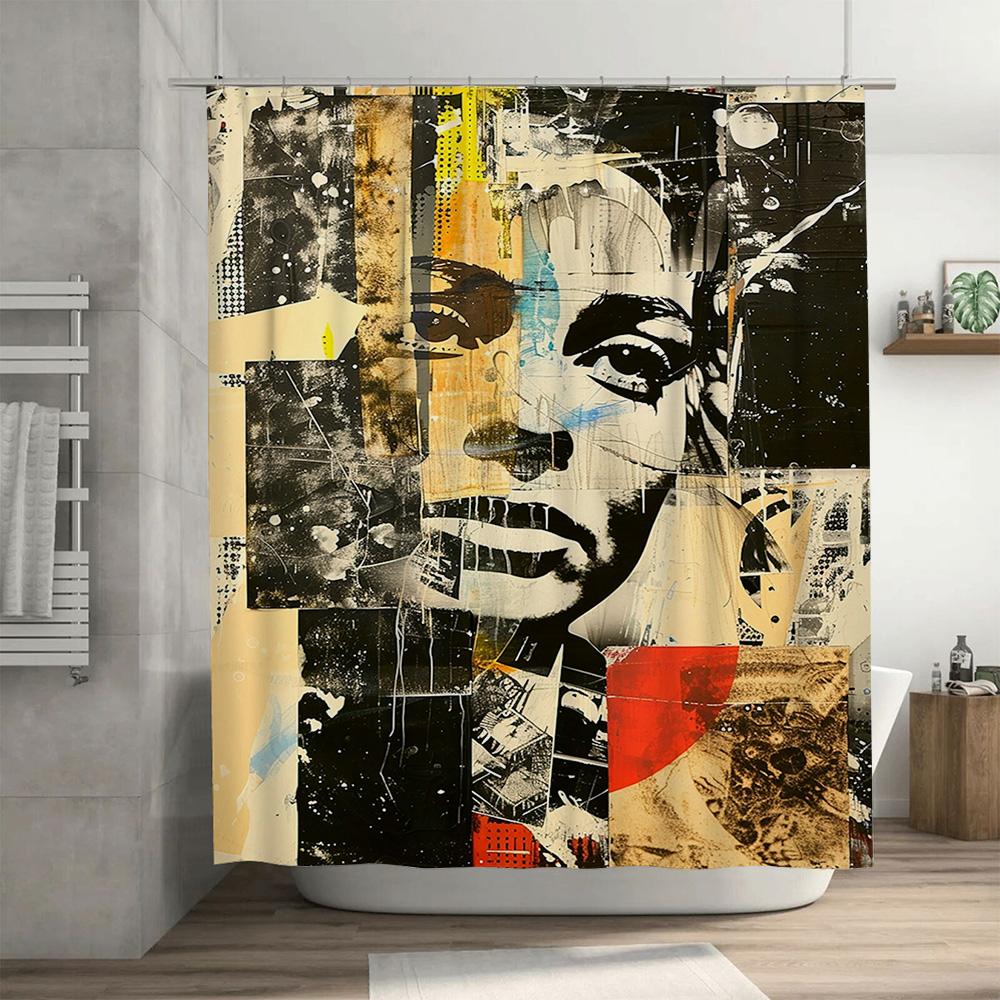 Modern Abstract Print Shower Curtain Black And Beige Color Blocks With Woman'S Face Design Bathroom Decor For Home Decoration In