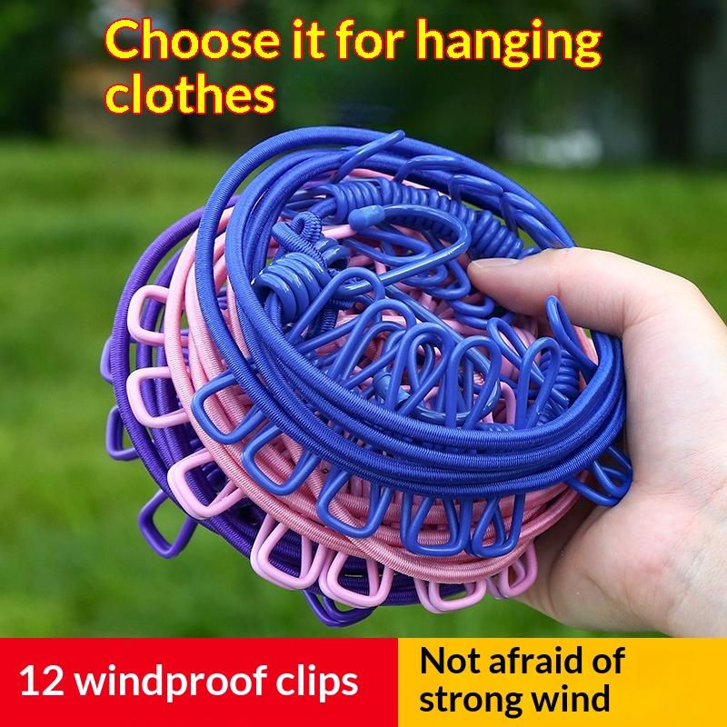 12 Non Slip Clips Windproof Elastic Travel Clothesline With Hook For Outdoor Camping Beach Dormitory Rv Portable Drying Tools