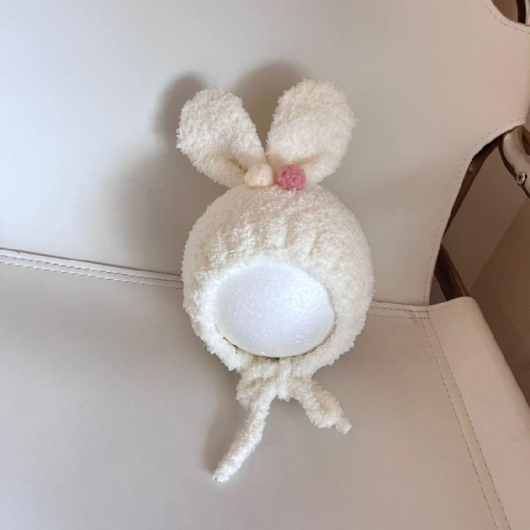 Baby Beanies with Tie Warm Lining Furry Pompoms Rabbit Ears Hat Adjustable Size Plush Hat Lovely Photo Props