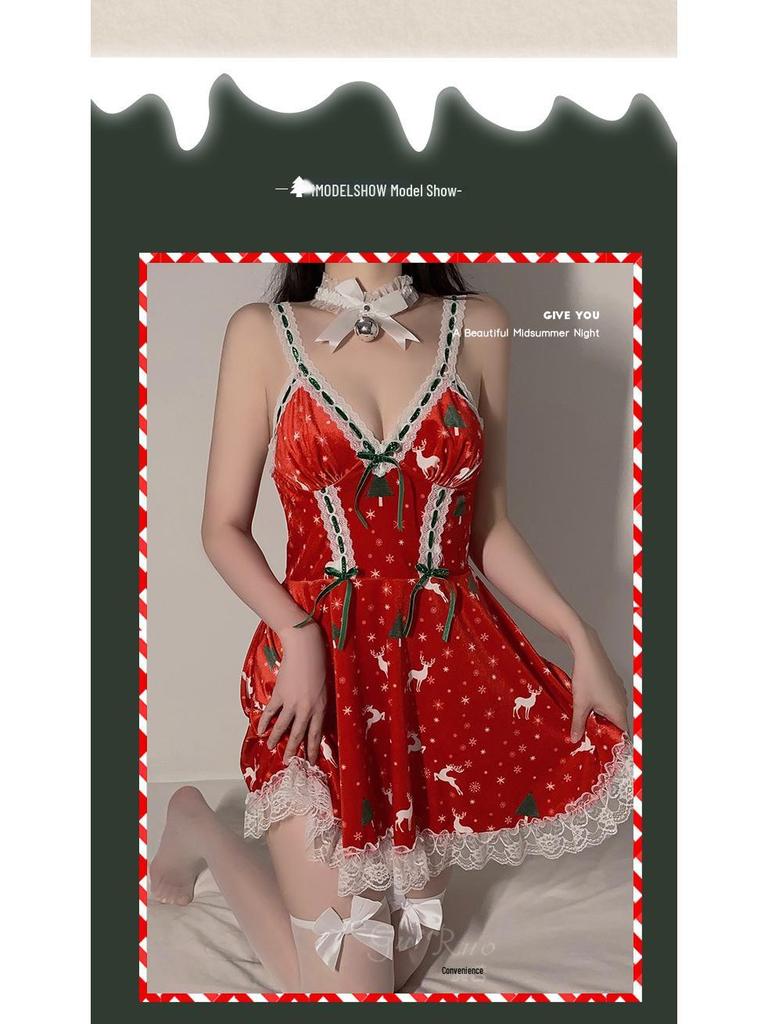 Samt-Print Übergröße Weihnachts-Dessous Camisole Nachthemd Set