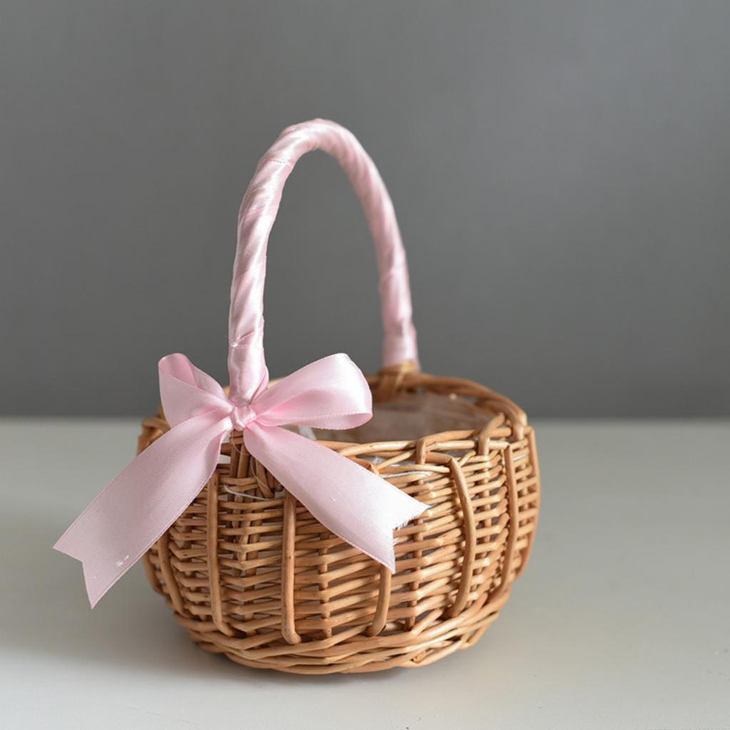 Woven Desktop Storage Basket Handheld Wicker Basket with Ribbon Bow Handle for Organizing Small Items and Decorative Use