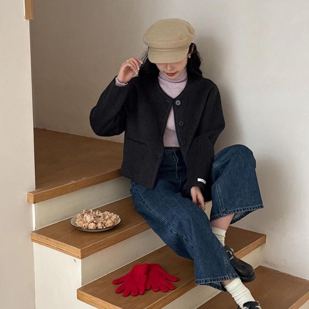 Trendig Kort Ullkappa Dam Höst Vinter Mysig Fuskull Tweedjacka Elegant Lat Stil Toppval