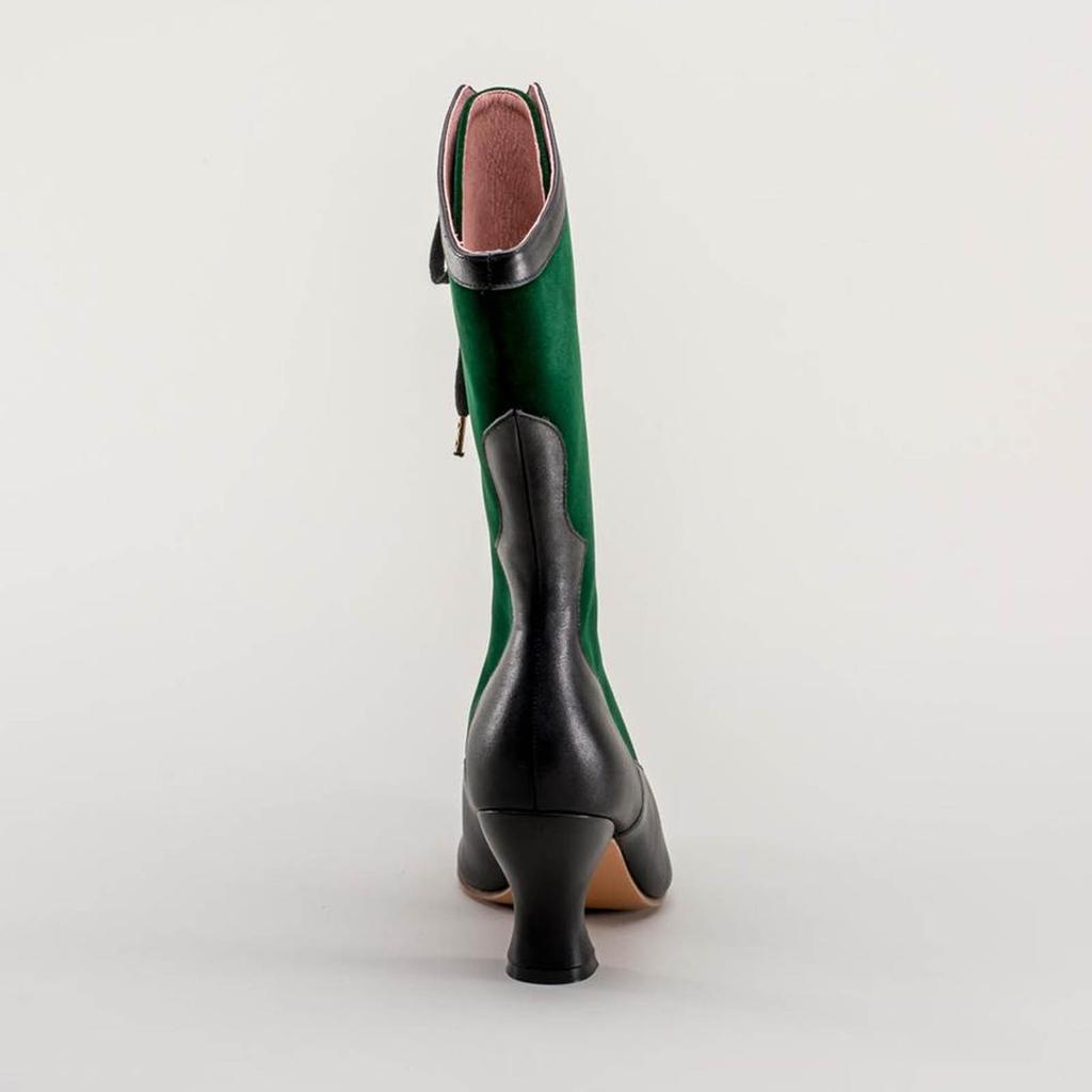 Vintage Block Heel Green Lace Up Boots For Women Wide Calf Riding Boots Fashion Color Blocking Patchwork Western Knight Shoes