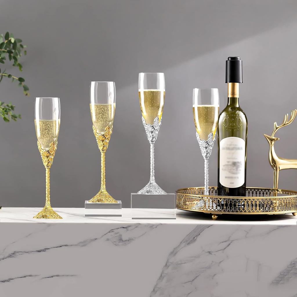 Champagne Flutes-Set of 2 Champagne glasses, Crystal Glasses&Metal Base, Toasting Flute Pair, Wedding Anniversary, Party,Birthday,Banquets,Gifts for
