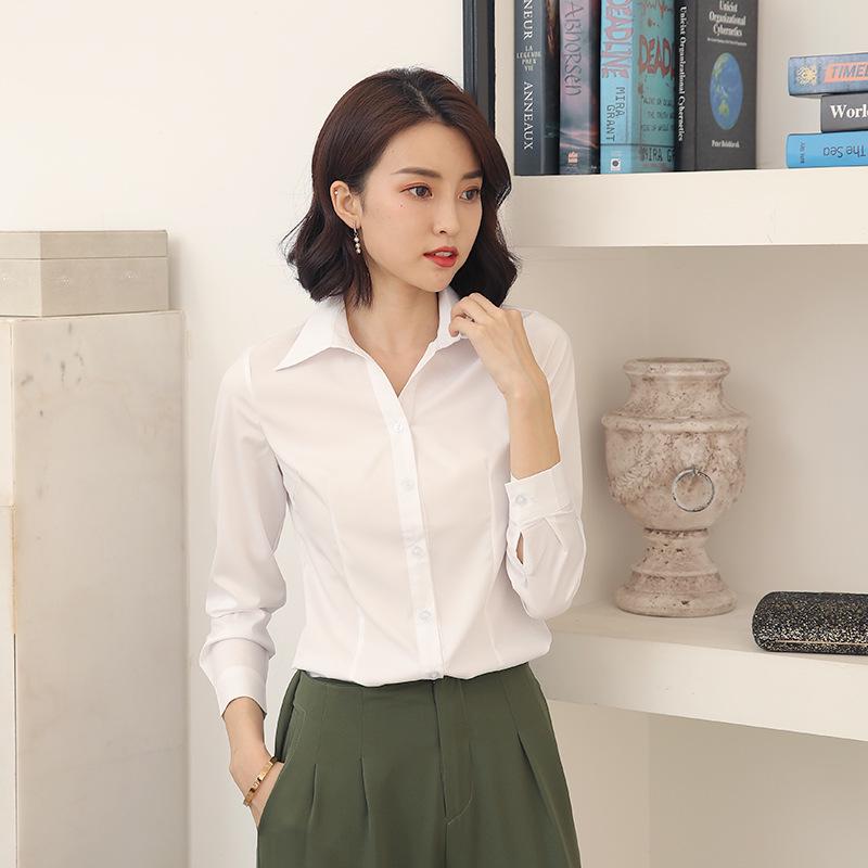 

Женская бело-голубая рубашка с длинным рукавом, не требующая глажки, приталенного кроя - Профессиональная формальная рабочая одежда 4XL