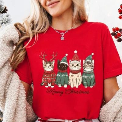 Meowy Christmas Katze Bedrucktes Mode T-Shirt Rundhals Kurzarm Lustiges Weihnachtsfeier Kleid Damen Lässiges T-Shirt