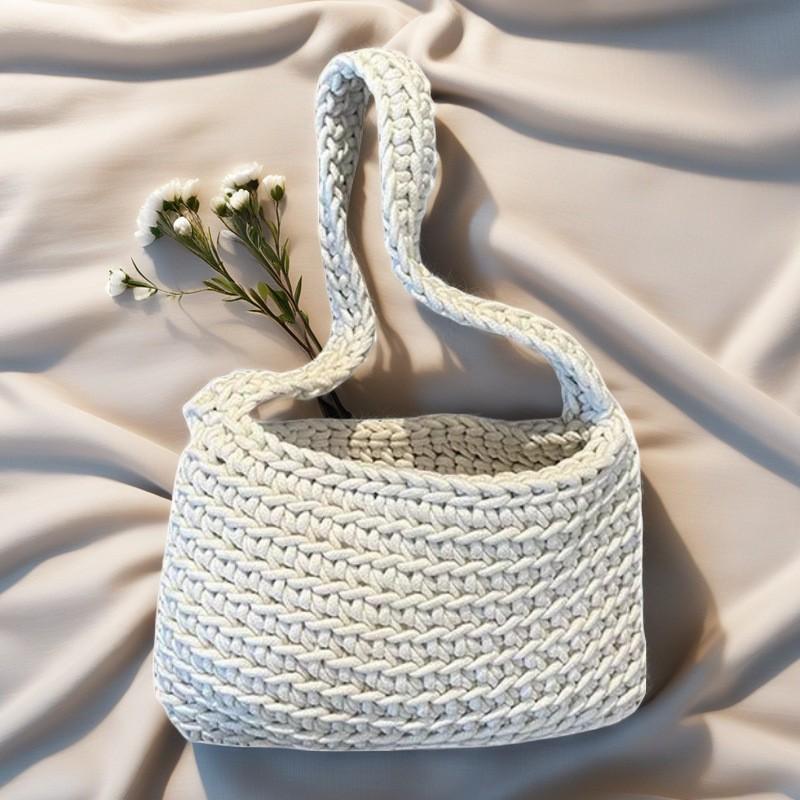 

All-matching Cotton Crochet Knitted Bag Armpit Small Square Fresh Handbag Straw Woven Beach Women s Style білий