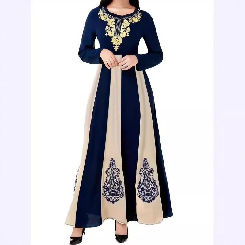 Autumn and Winter Dress Round Neck Long Sleeve Printed A-line Waisted Large Swing Dress Large Size Temperament Women Long