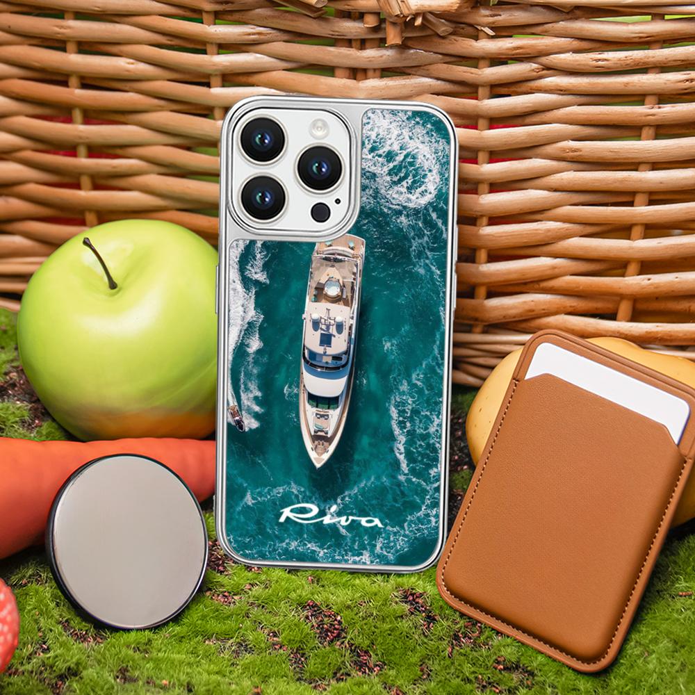 

RIVA Yacht cool logo fashion pattern Phone Case for iPhone 16 15 14 13 12 11 Pro Max Sheepskin Silver-edged protective case iPhone 12 Pro