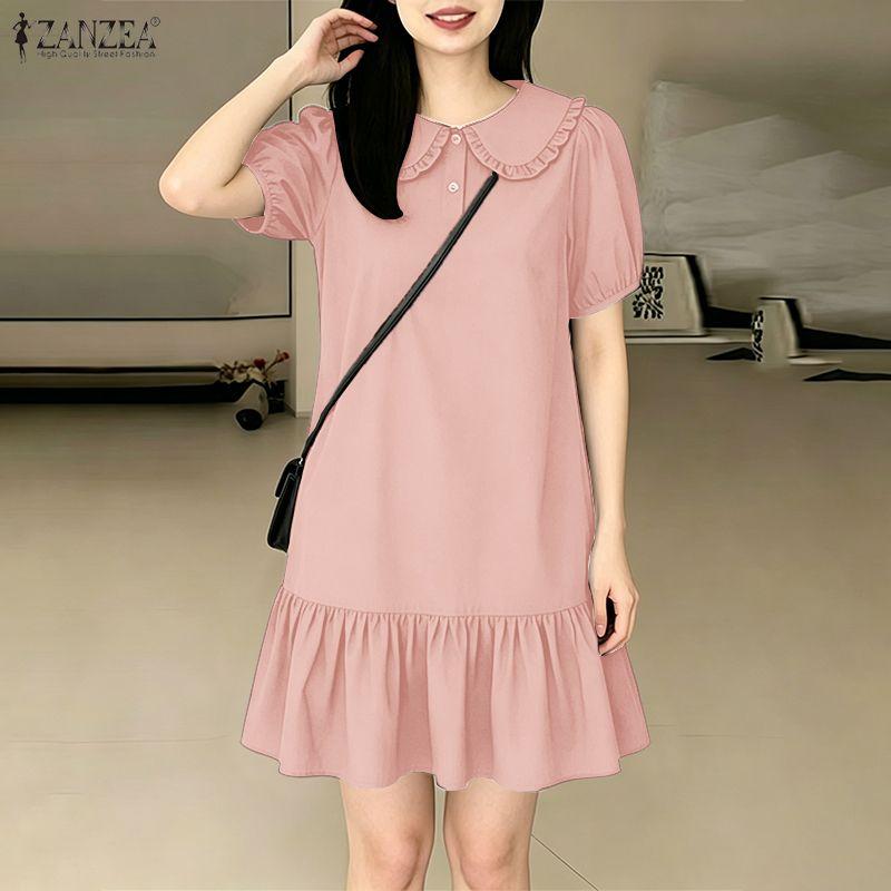 ZANZEA Abito midi casual da donna a maniche corte, tinta unita, con colletto rovesciato