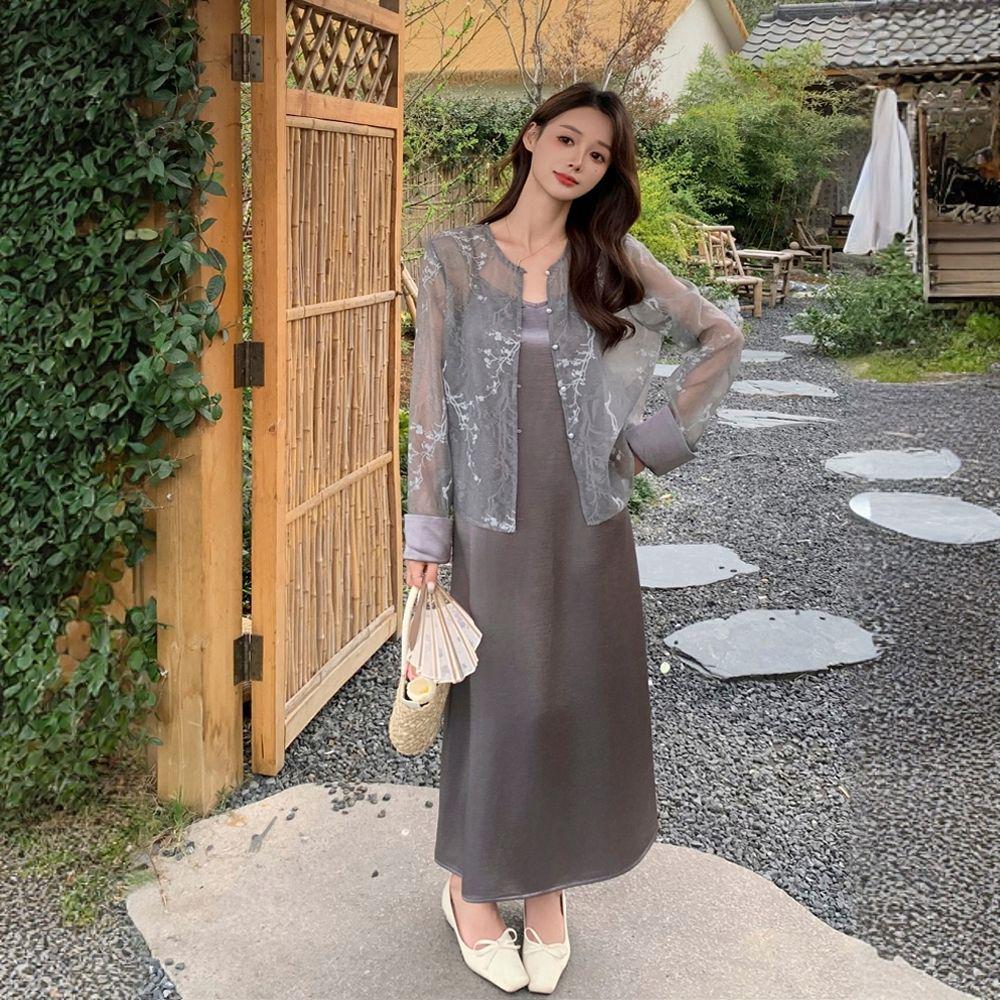 Elegant Chinese-Style Camisole Dress & Organza Cardigan Two-Piece Set for Summer.