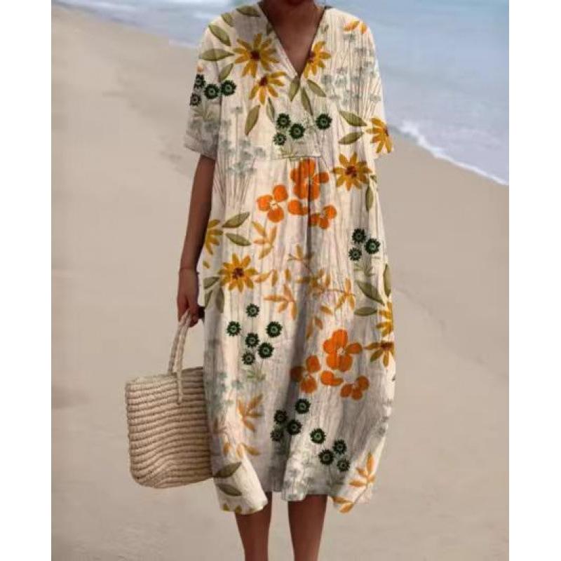 Damen Blumenmuster V-Ausschnitt Maxikleid Boho Kurze Ärmel Locker Strand Sommerkleid