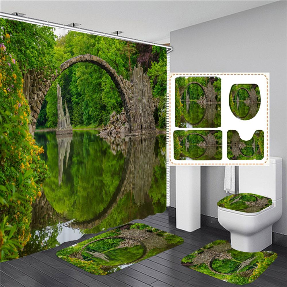3D Natural Forest Landscape Printed Waterproof Fabric Bathroom Curtain Shower Curtains Set Anti-Skid Rugs Toilet Cover Bath Mat
