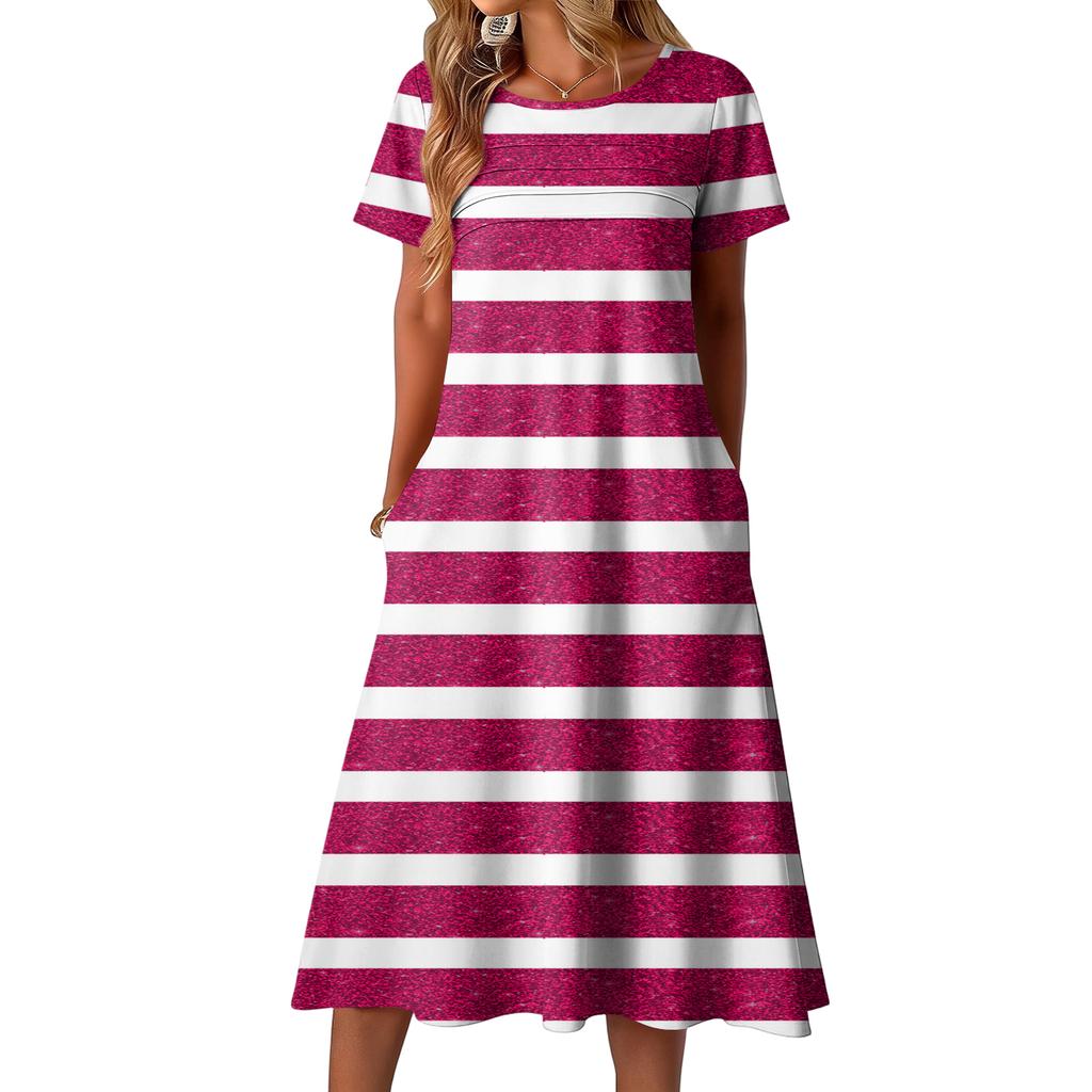 Ladies' Striped Printed Casual and Fashionable Short Sleeved Round Neck Dress