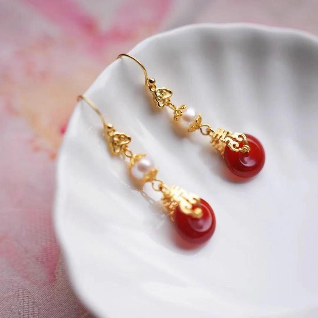 2024 Double Happiness Pearl Earrings: Hanfu Wedding Accessories In Ancient Style with Spring Ear Clips