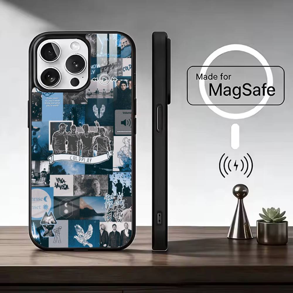 Coque de téléphone cool pour iPhone 17, 16, 15, 14, 13, 12, 11 Plus, Pro, Magnétique pour charge sans fil Magsafe, avec le groupe C-Coldplay