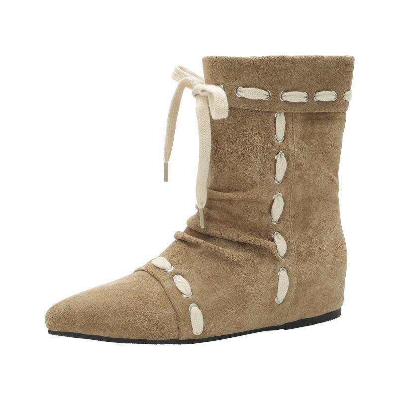 Cowhide~ Autumn and Winter New Niche Design Stacking Ankle Boots Women's Pointed Short Boots Fashion Versatile Straps Stacking Boots