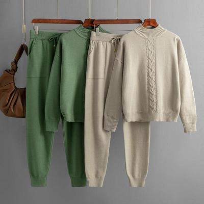 Autunno Inverno Vento Pigro Sciolto Mezzo Collo Alto Pullover Maglione Abito da Donna Tinta Unita Manica Lunga Pantaloni a Gamba Larga Set a Due Pezzi