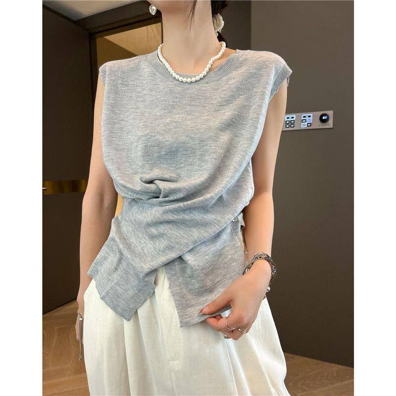 French-Style Elegant Design Pleated Waist-Cinching Sleeveless Knit T-Shirt for Women, 2025 Autumn New Versatile Slim-Fit Top