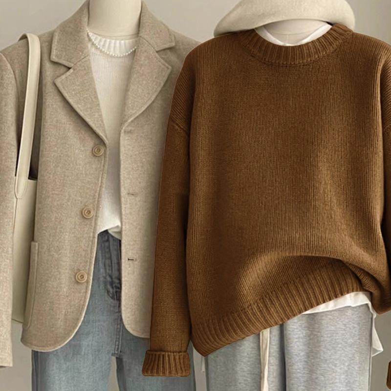 Autumn and Winter Women Soft Waxy Round Neck Cashmere Sweater Women's Loose Sweater Autumn and Winter Short Base Sweater
