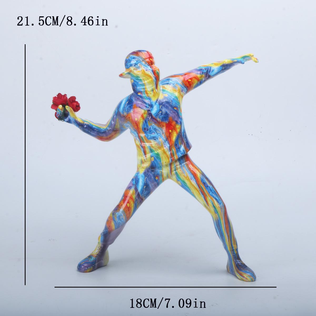 

1pc Colorful Balloon Man Throwing Flowers Sculpture, Modern Resin Decor Peace Statue with Love Pattern