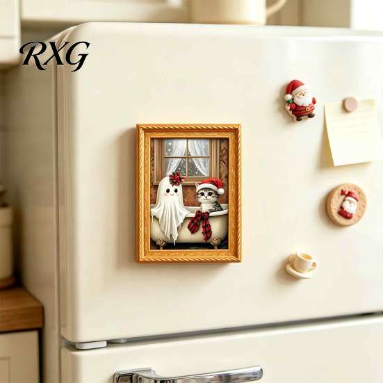 Christmas Gift for Family Halloween Refrigerator Magnets, Cute Cat Ghost Bathing Picture Frame Retro Funny Home Decorations Highland Cow Magnetic