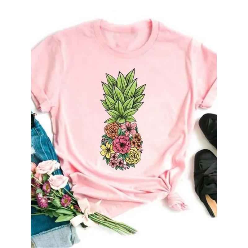 Maycaur Tricou noi pentru femei, Topuri imprimate cu ananas, tricou pentru femei, cu mânecă scurtă, cu decolteu O, tricou pentru femei, cămăși drăguțe de vară