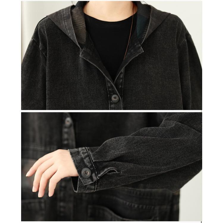 European Style Patchwork Denim Jacket Women Hooded Loose Fit Long Trench Coat Autumn Oversized Outerwear Plus Size