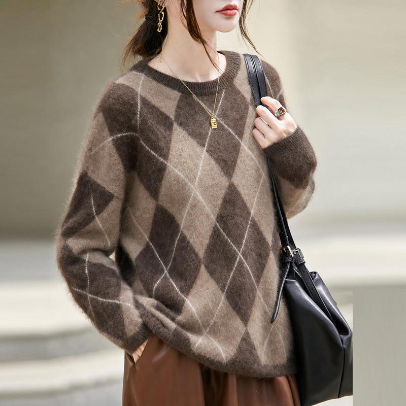 2026 A/W Women's Cashmere Wool Diamond Patchwork Knit Sweater