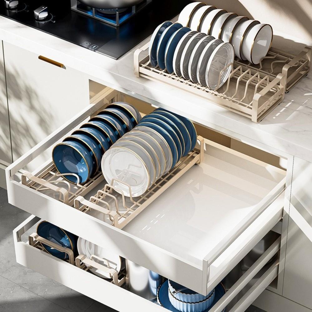 Carbon Steel Pull Out Dish Rack Space Saving Built-In Dish Storage Rack Practical Expandable Bowl Drain Stand Countertop