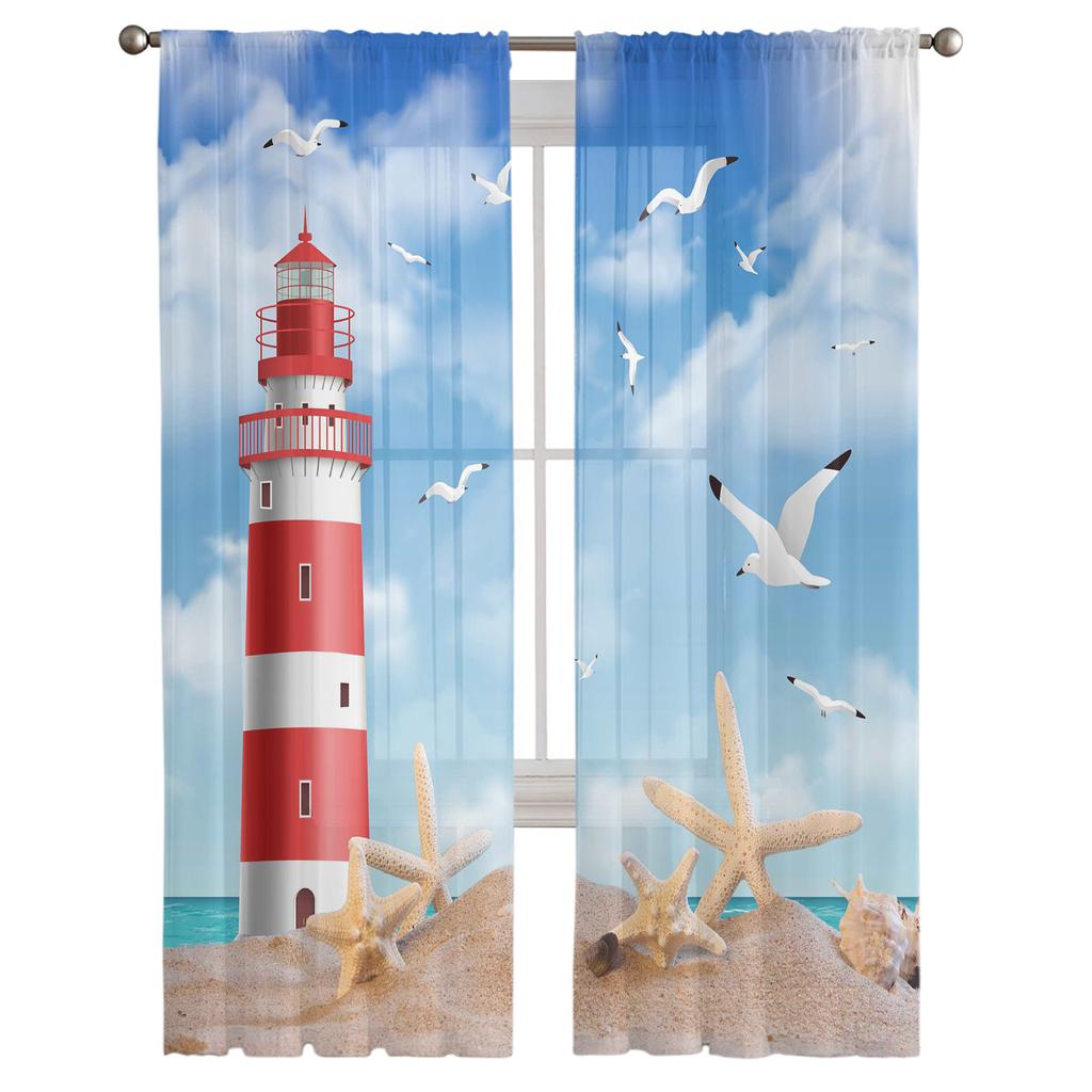 Sea Beach Lighthouse Starfish Seagull Sheer Window Curtains For Living Room Bedroom Modern Tulle Curtains Fabric Drapes