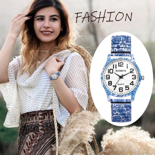 Bohemia Elastic Strap Watch: Easy-to-Read Arabic Numerals, Analog Quartz Movement, Waterproof, Stylish, Unisex, Floral Print, Elastic Strap, Blue 1