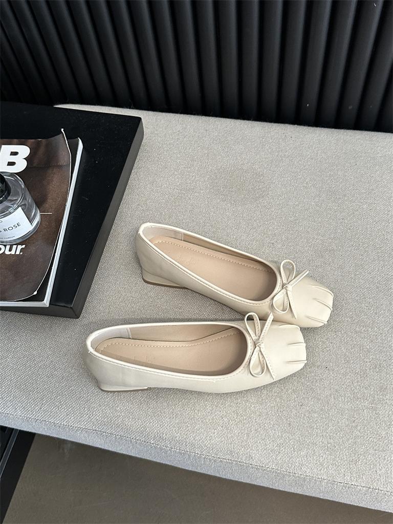 Off-white Bow Square Head Light Mouth Thick Heel Single Shoes Women's Gentle Soft Leather Grandma Shoes