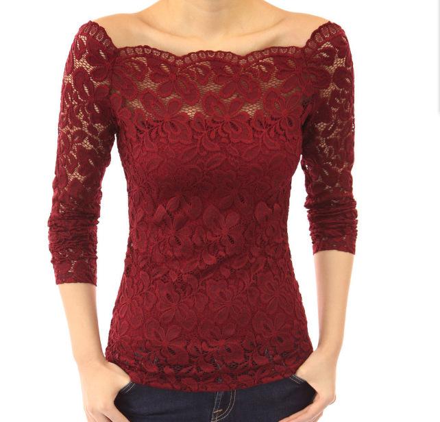 

Elegant Off-the-Shoulder Lace Long Sleeve Top with Hollow Design XL вина червоного кольору