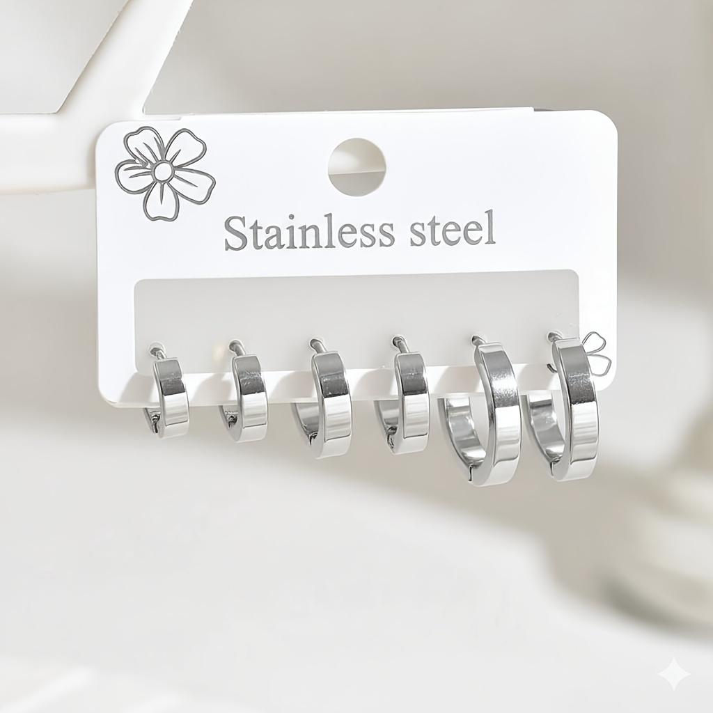 6pcs a Set of High-End Elegant Stainless Steel Six-Piece Women'S Small Ear Loops, High-Quality Stainless Steel Women Hoop Earrings