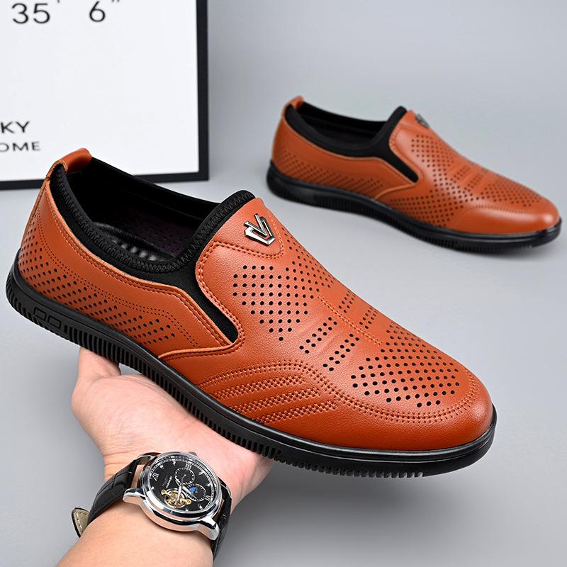

Leather sandals men s hollow breathable business trend hole casual shoes men s soft leather soft sole foot cover non-slip dad shoes 44