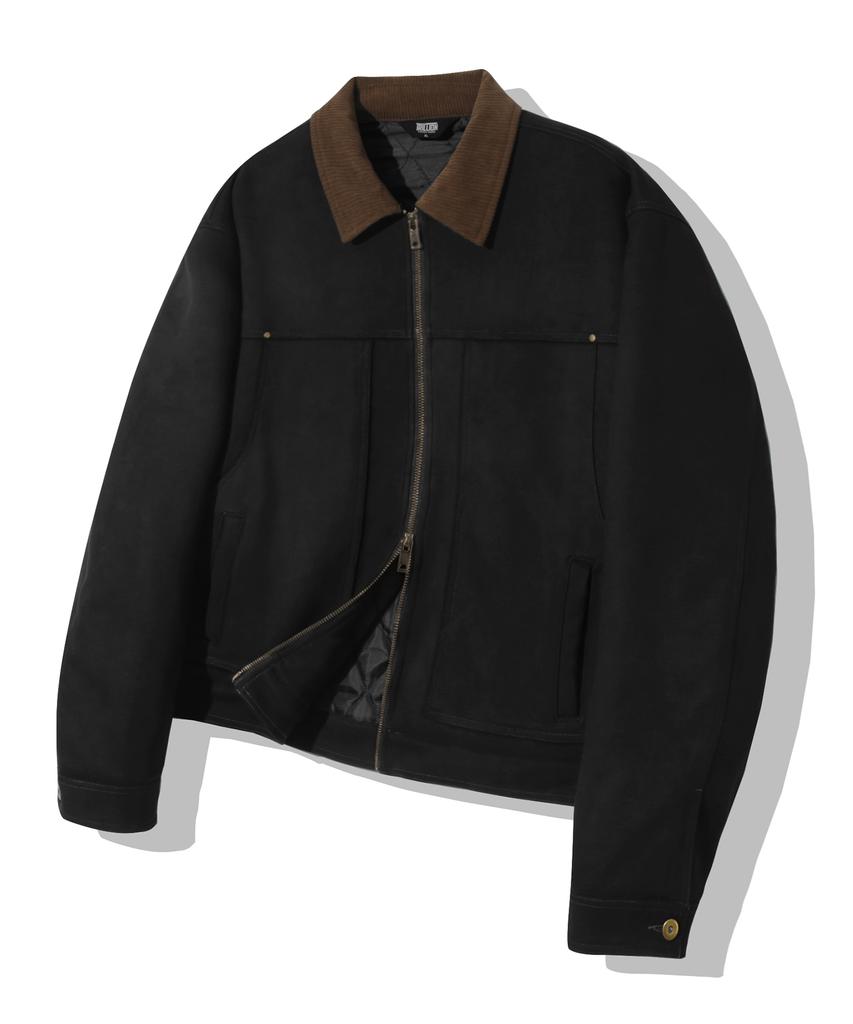 Trillion Corduroy Collar Suede Zip-Up Work Jacket [Black]