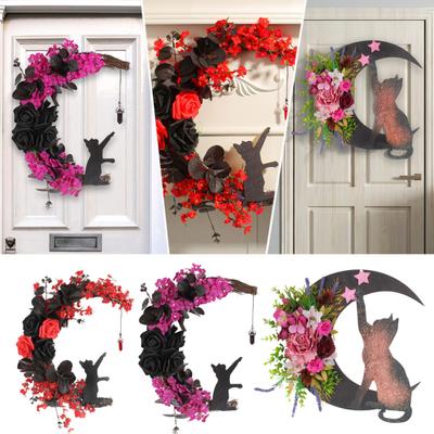 Halloween Moon Cat Wreath for Front Door Crescent Moon Wreath Sign with Artificial Rose Flowers for Gothic Home Decoration
