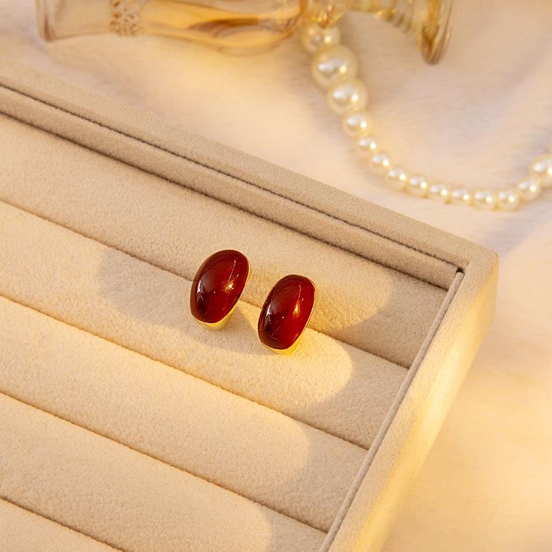 Autumn And Winter Oil Drip Diamond Flower Stud Earrings, French Retro Hong Kong Style Burgundy Round Earrings, Simple Ear Buckles