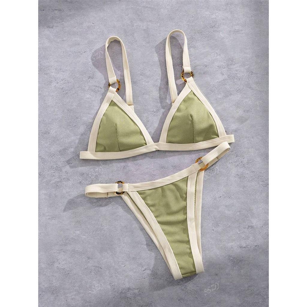 Splicing Ribbed Bikini Women Swimwear Female Swimsuit Two-Pieces Bikini Set High Cut Leg Padded Bather Bathing Suit Swim V7694