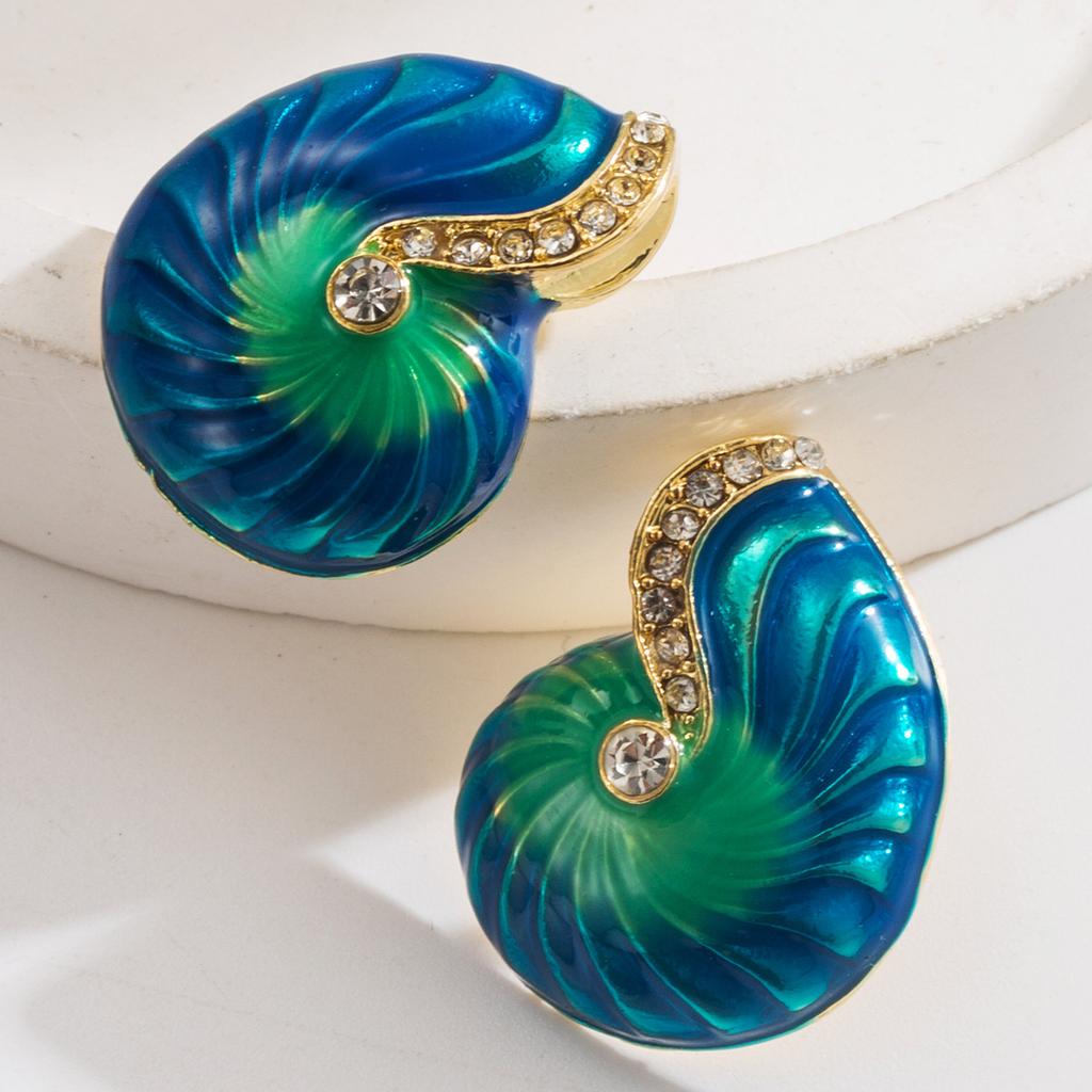 Minimalist Exaggerated Personality Beach Vacation Style Conch Earrings European and American Trend New Metal Oil Drop Inlaid Diamond Stud Earrings