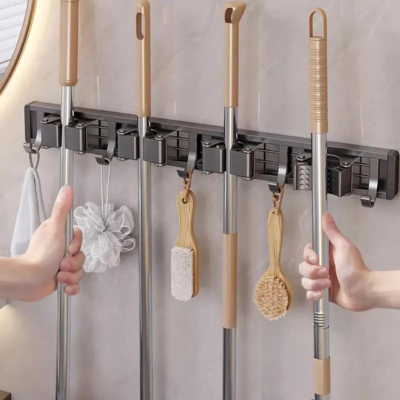 Bathroom Storage Rack Metal Mop & Broom Holder with Adjustable Hooks, Wall-Mounted Storage Organizer for Home, Space-Saving Shelf for Mops, Brooms