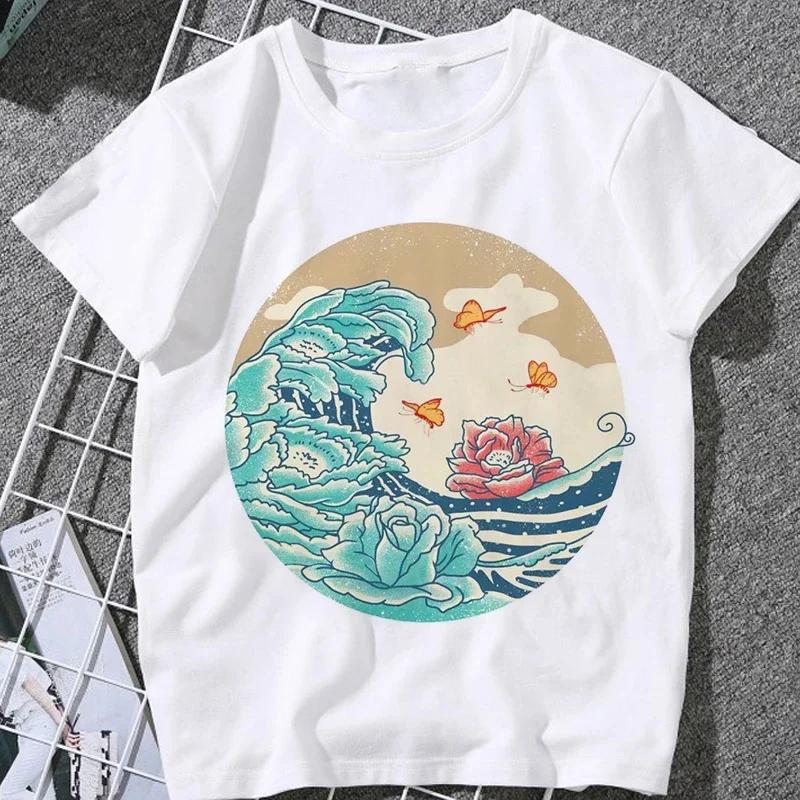 This Stylish Women's Summer T-shirt Features A Whale and Wave Print, in A Trendy Japanese Harajuku Style.Summer Streetwear Y2K