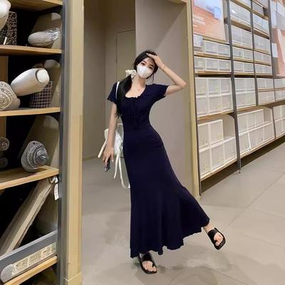 Women's Summer 2024 Slim Fit Square Neck Pleated Lace-Up Dress with Short Sleeves