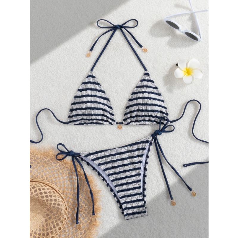 

Женский полосатый раздельный купальник с эффектом ряби на воде, сексуальное бикини, купальник SexHy, модный купальник с цветовыми блоками, высококлассный купальник для горячих источников пар L королевский синий