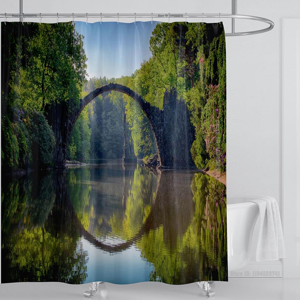 Modern 3D Printing Forest Refreshing Scenery Shower Curtain Waterproof Landscape Green Plant Mountain With Hooks Bathroom Decor