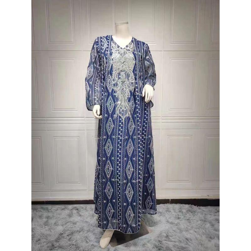 

Fashion New Arrival Ethnic Style Sequin Embroidery Embroidered Loose Dress Sequin Embroidered Dress Blue XL