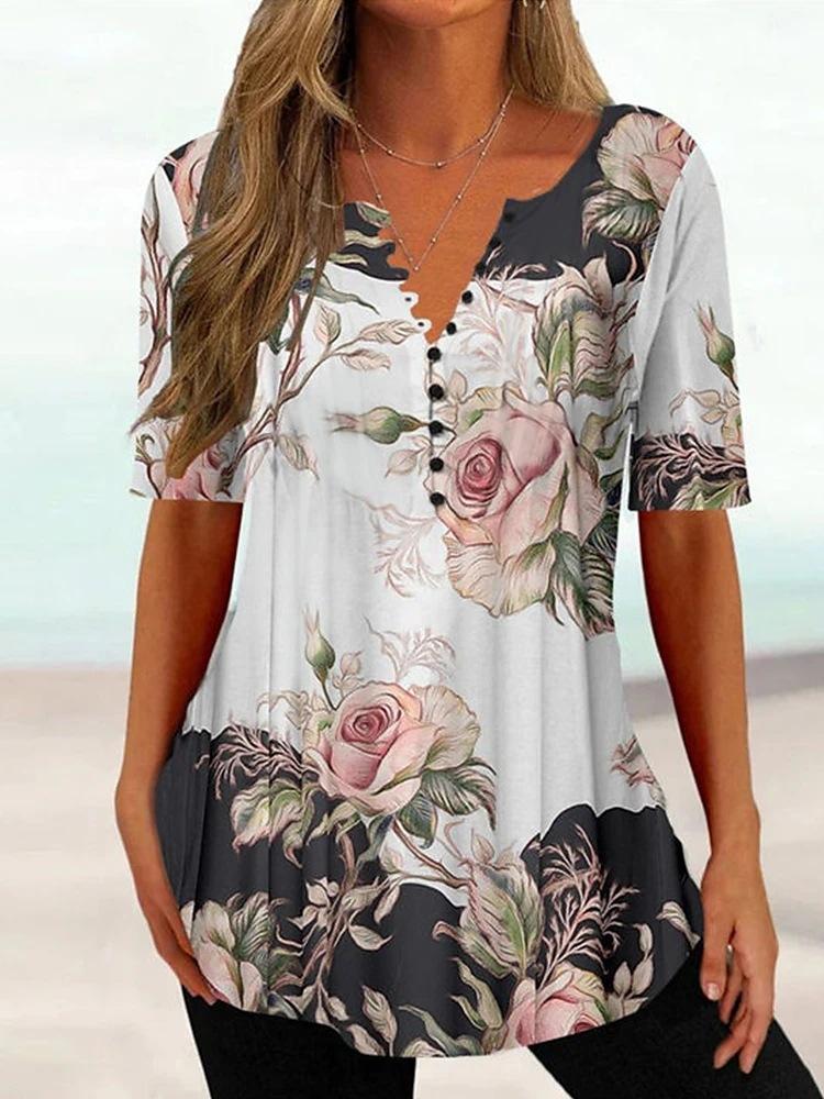Damen Sommer T-Shirt Blumendruck V-Ausschnitt Kurze Ärmel Damen Top Vintage Mittellanges lockeres Top Damenkleidung