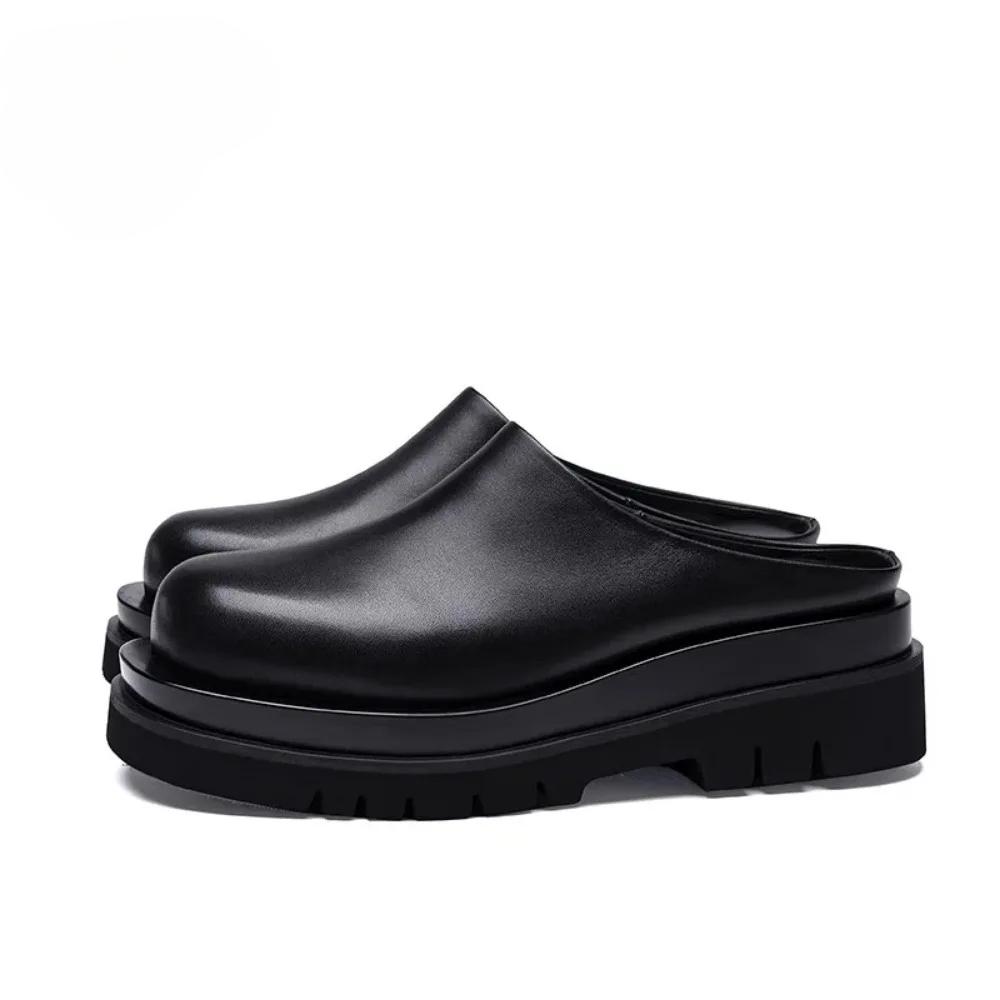 Luxury Leather Platform Man Half Slippers with Heels Genuine Leather Summer Wedding Business Social Shoes Outside Sandals
